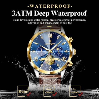 Men’s Leather Chronograph Watch Quartz Waterproof