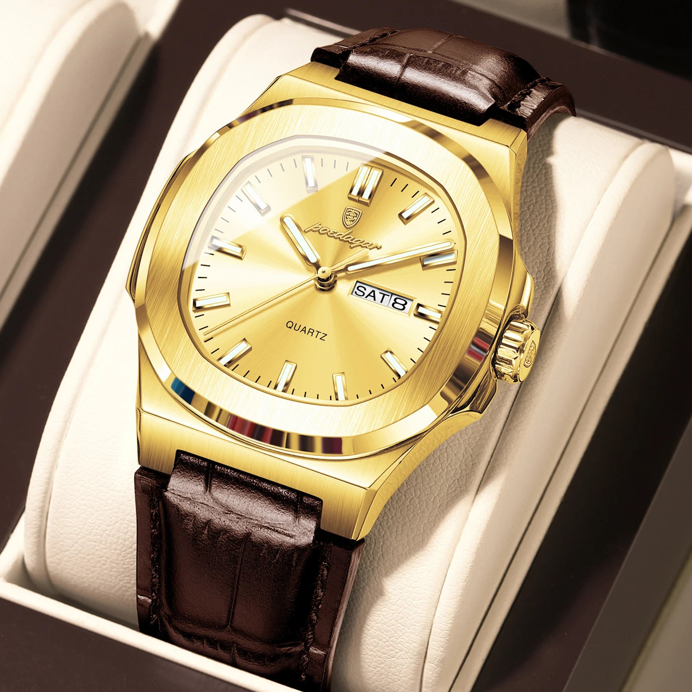 Men’s Square Quartz Watch With Leather Strap