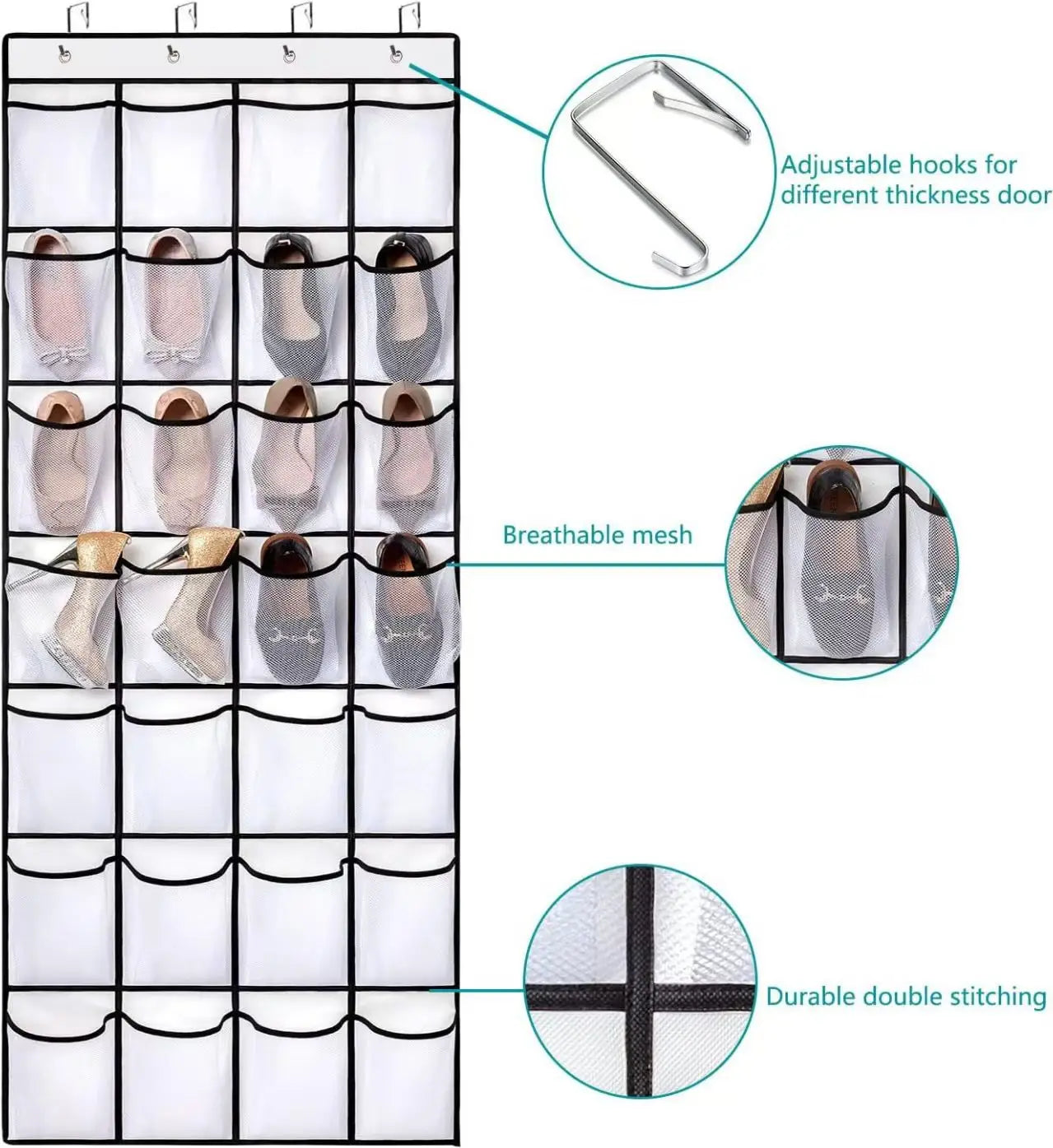 Over The Door Shoe Organizer With Large Mesh Pockets