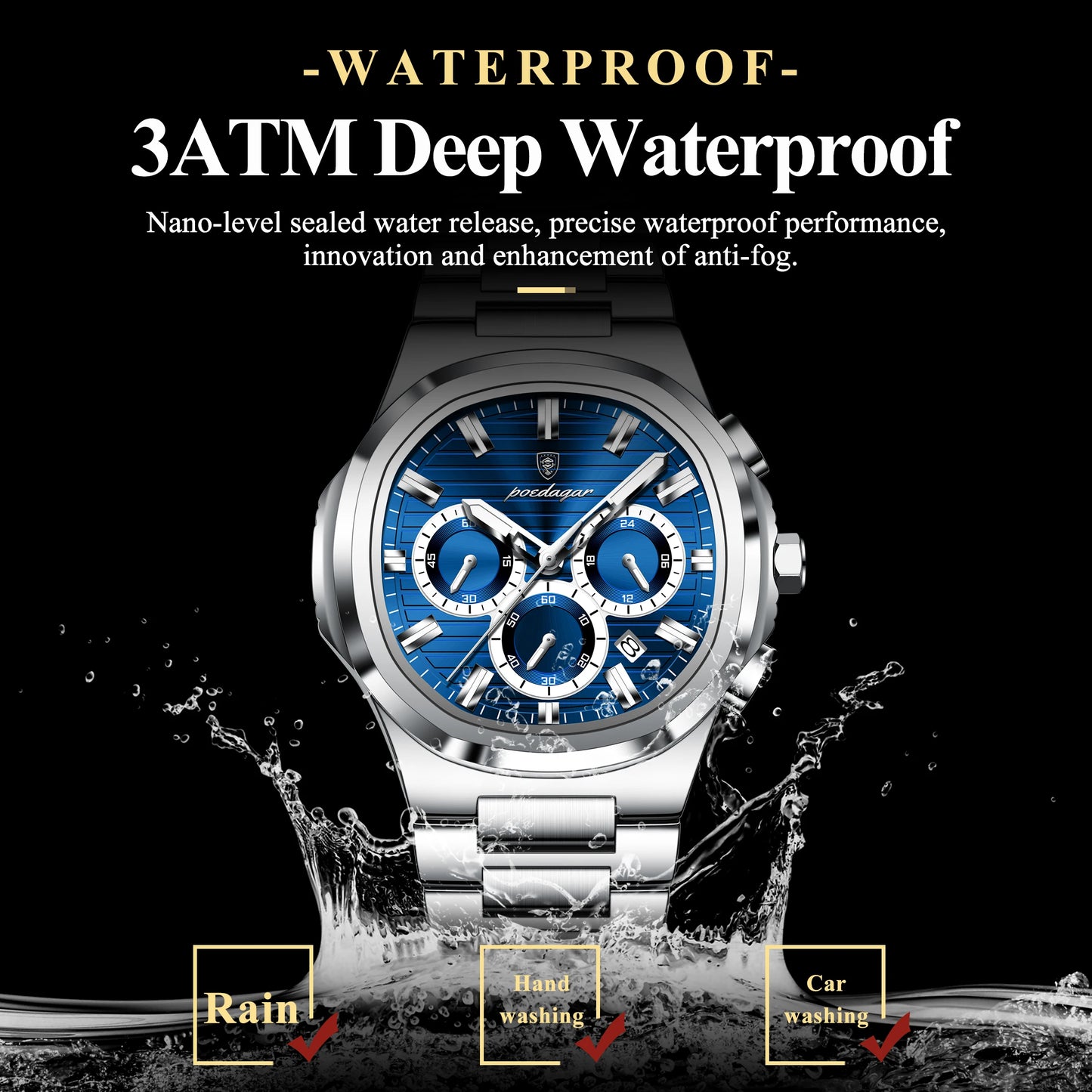 Men's Square Chronograph Watch Stainless Steel Quartz