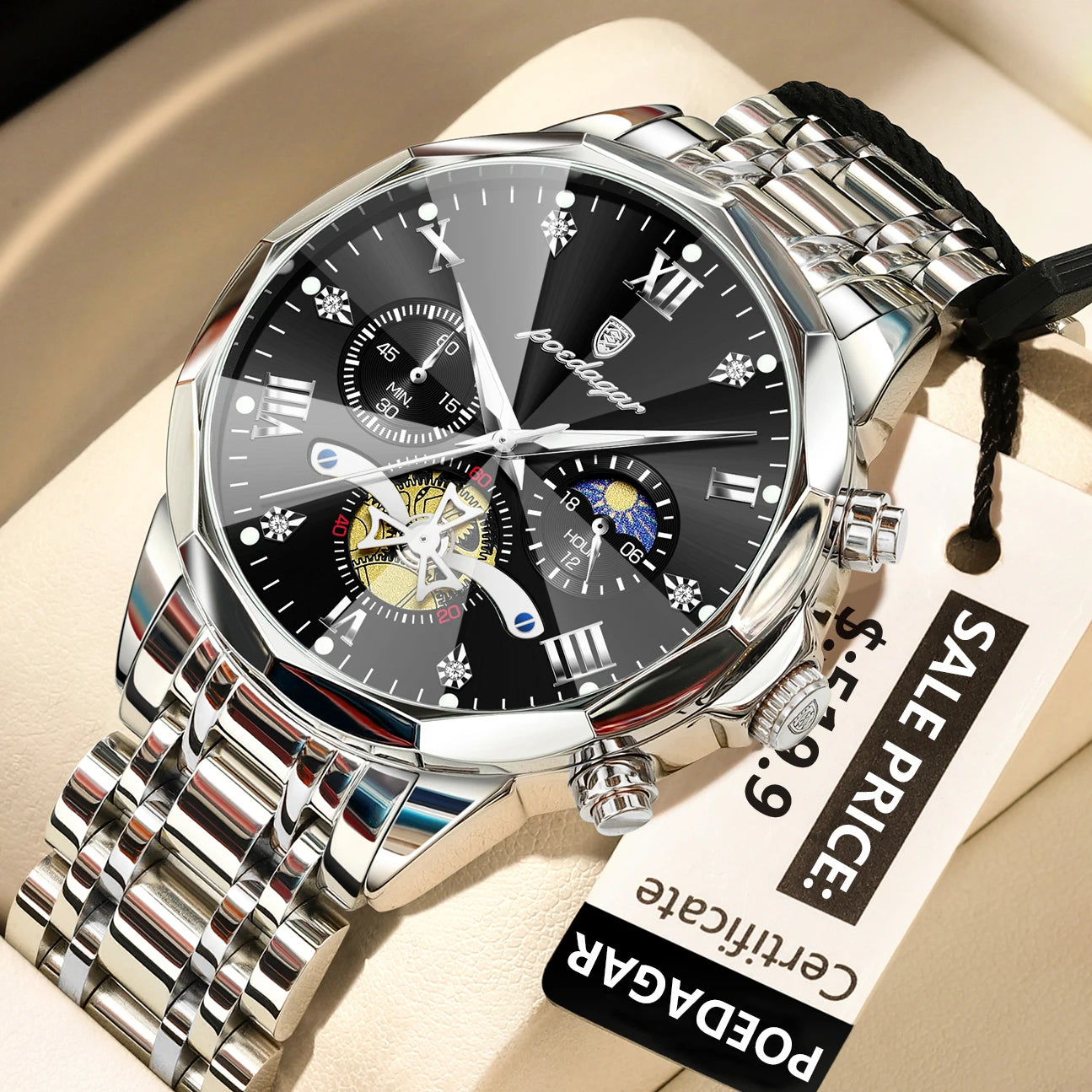 Men's Stainless Steel Chronograph Watch With Luminous Dial