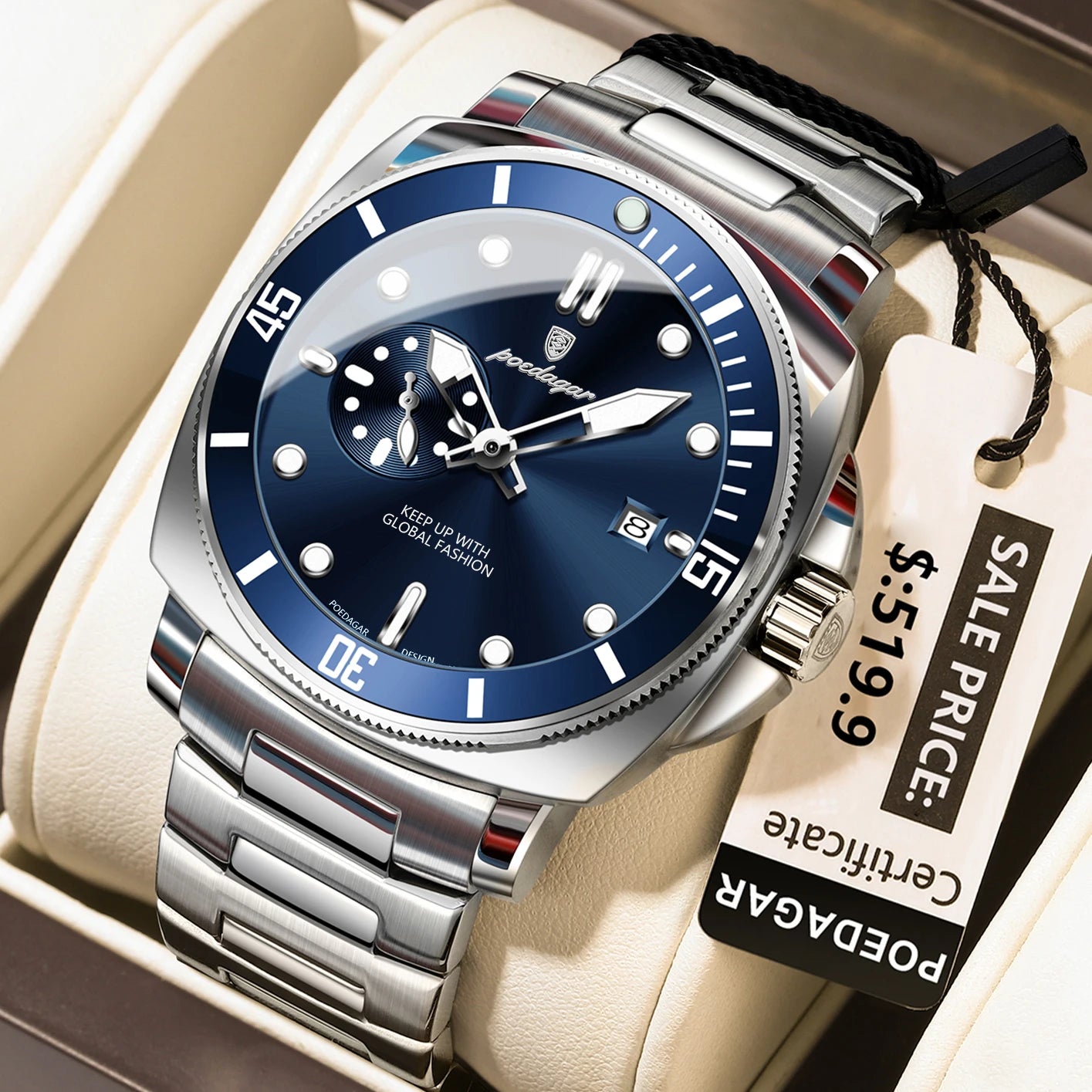 Men’s Stainless Steel Sports Watch – Luminous, 3Bar Water Resistant