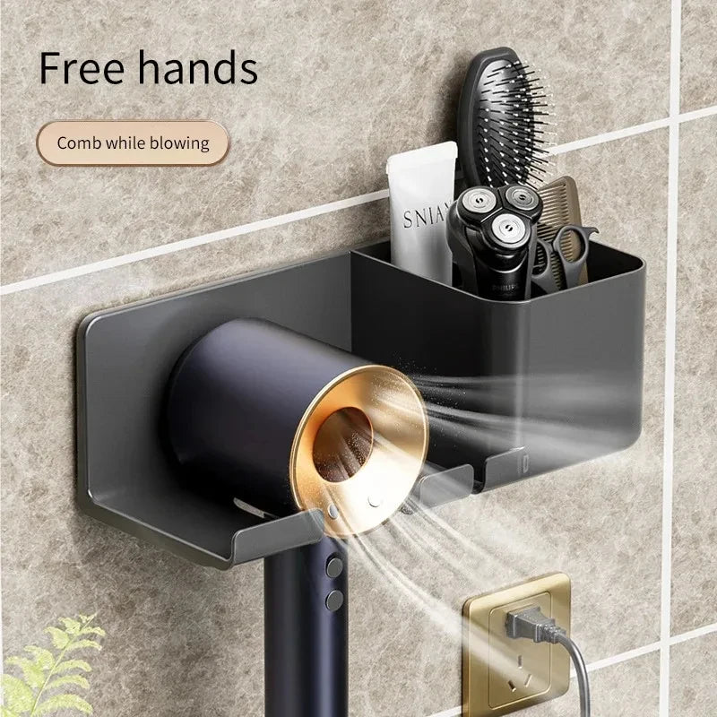 Wall-Mounted Hair Dryer Stand With Plug Organizer