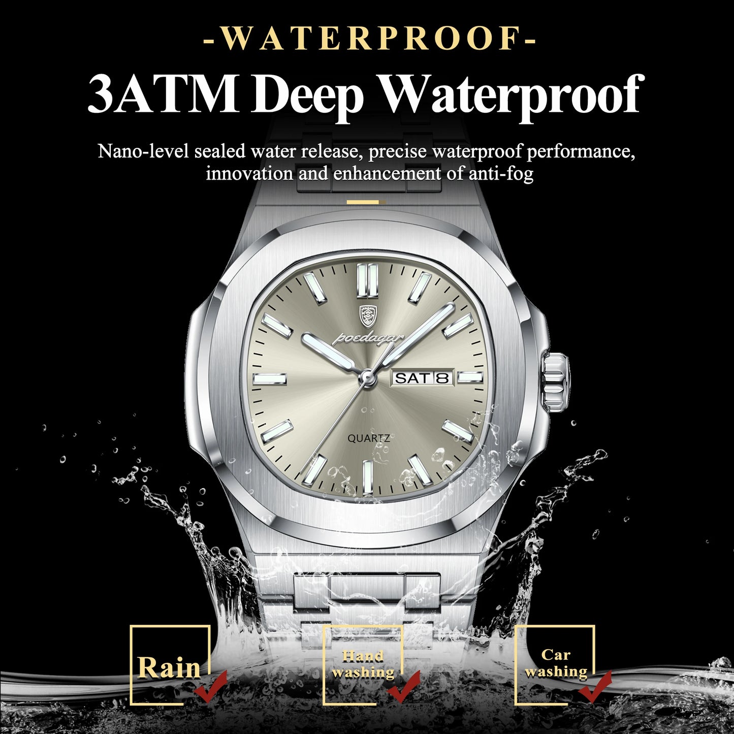 Men's Square Stainless Steel Watch – Luminous, Waterproof