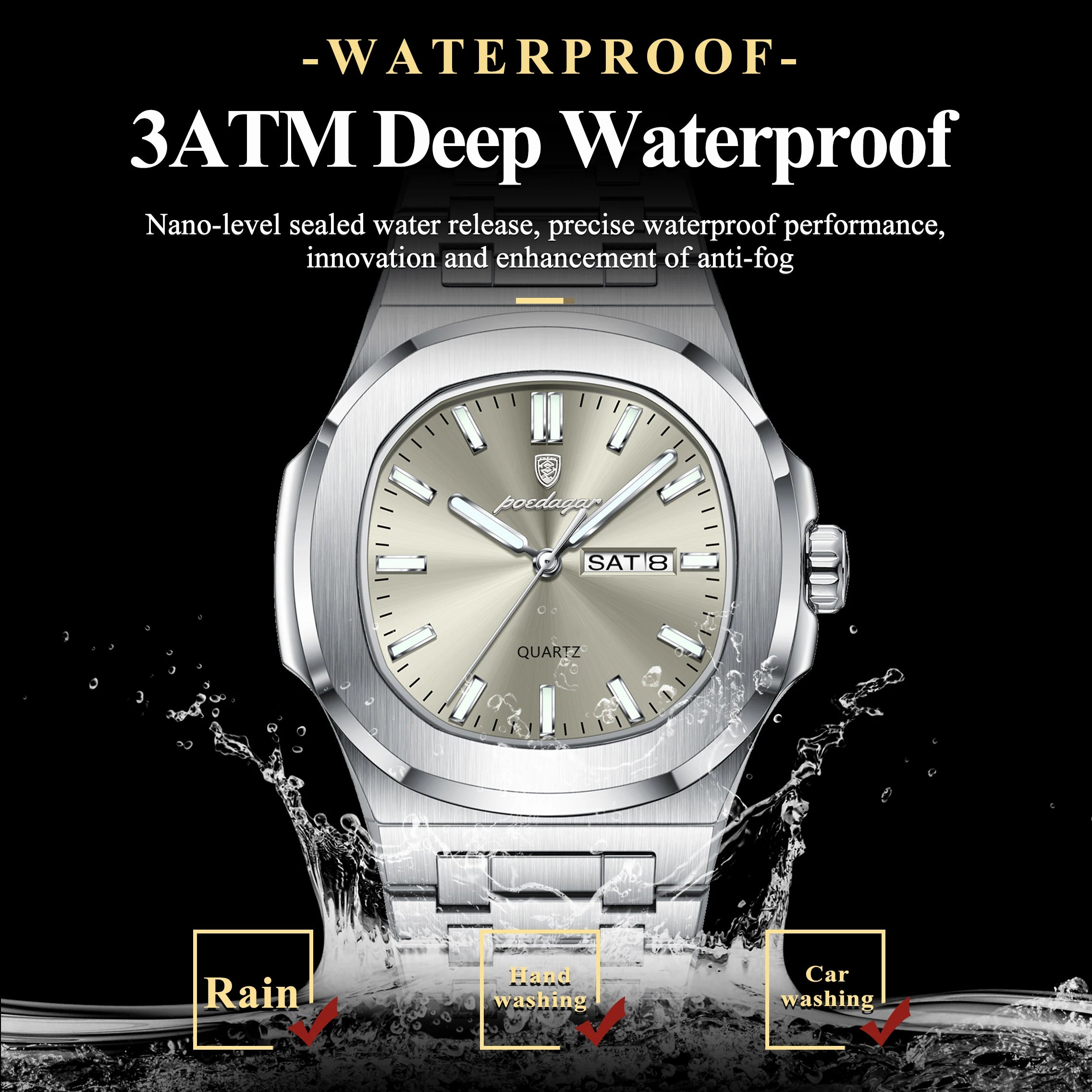 Men's Square Stainless Steel Watch – Luminous, Waterproof