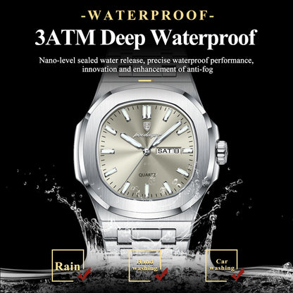 Men's Square Stainless Steel Watch – Luminous, Waterproof