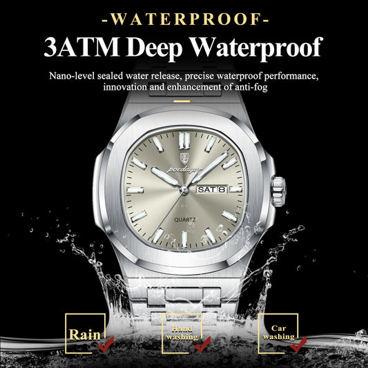 Men's Square Stainless Steel Watch – Luminous, Waterproof