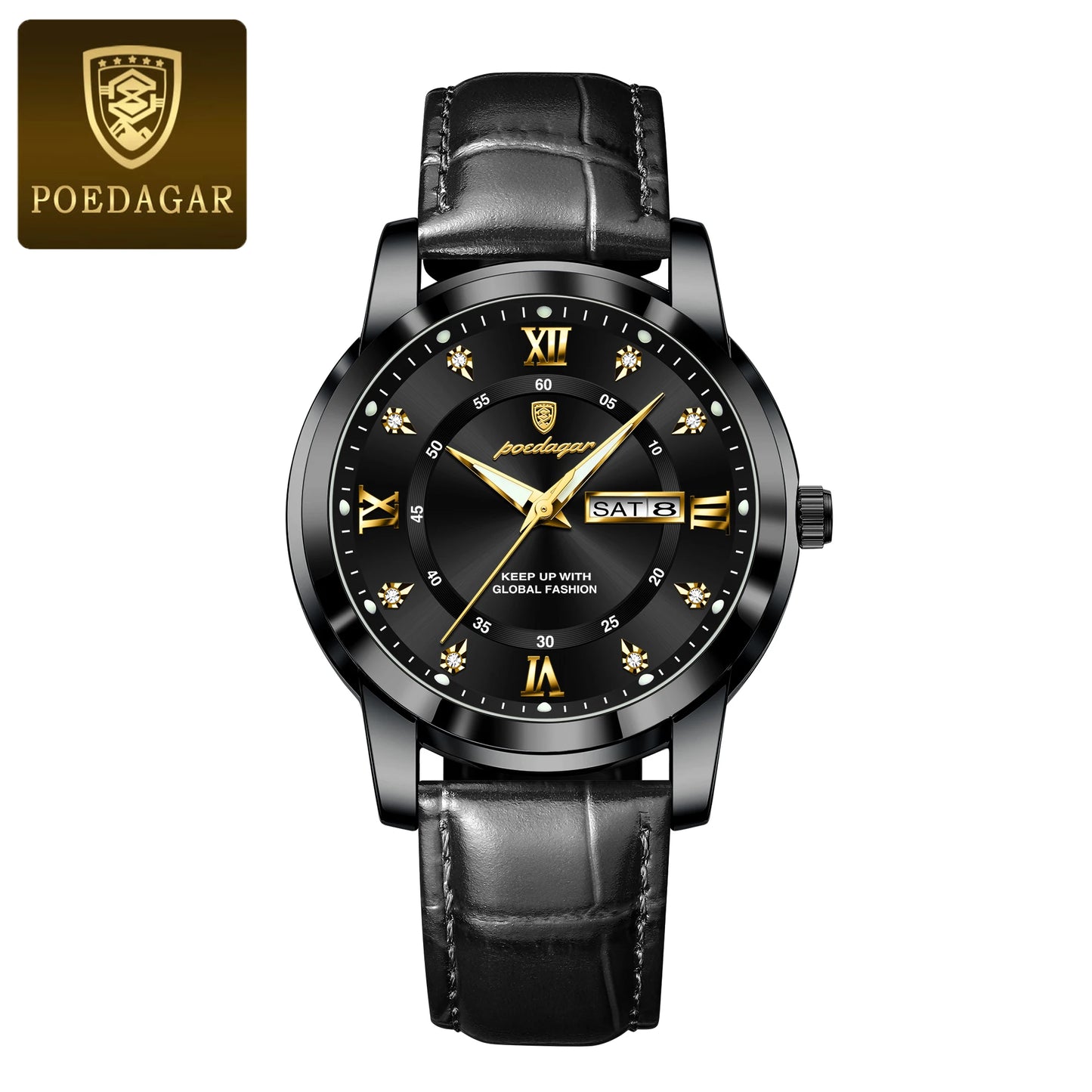 Men’s Leather Quartz Watch With Date & Week Display