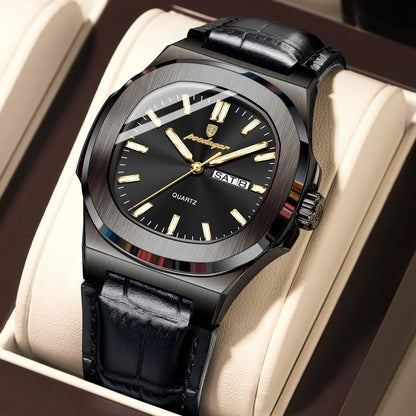 Men’s Square Quartz Watch With Leather Strap