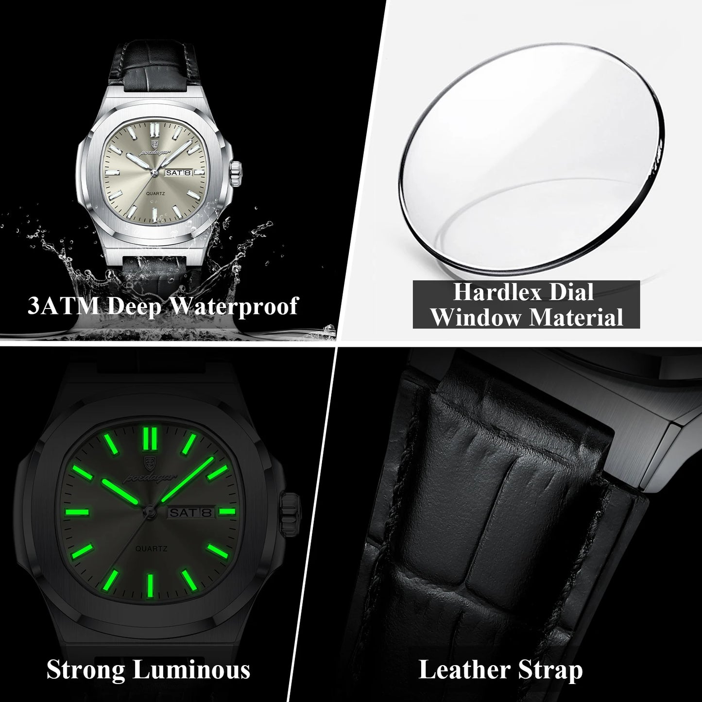 Men’s Square Quartz Watch With Leather Strap