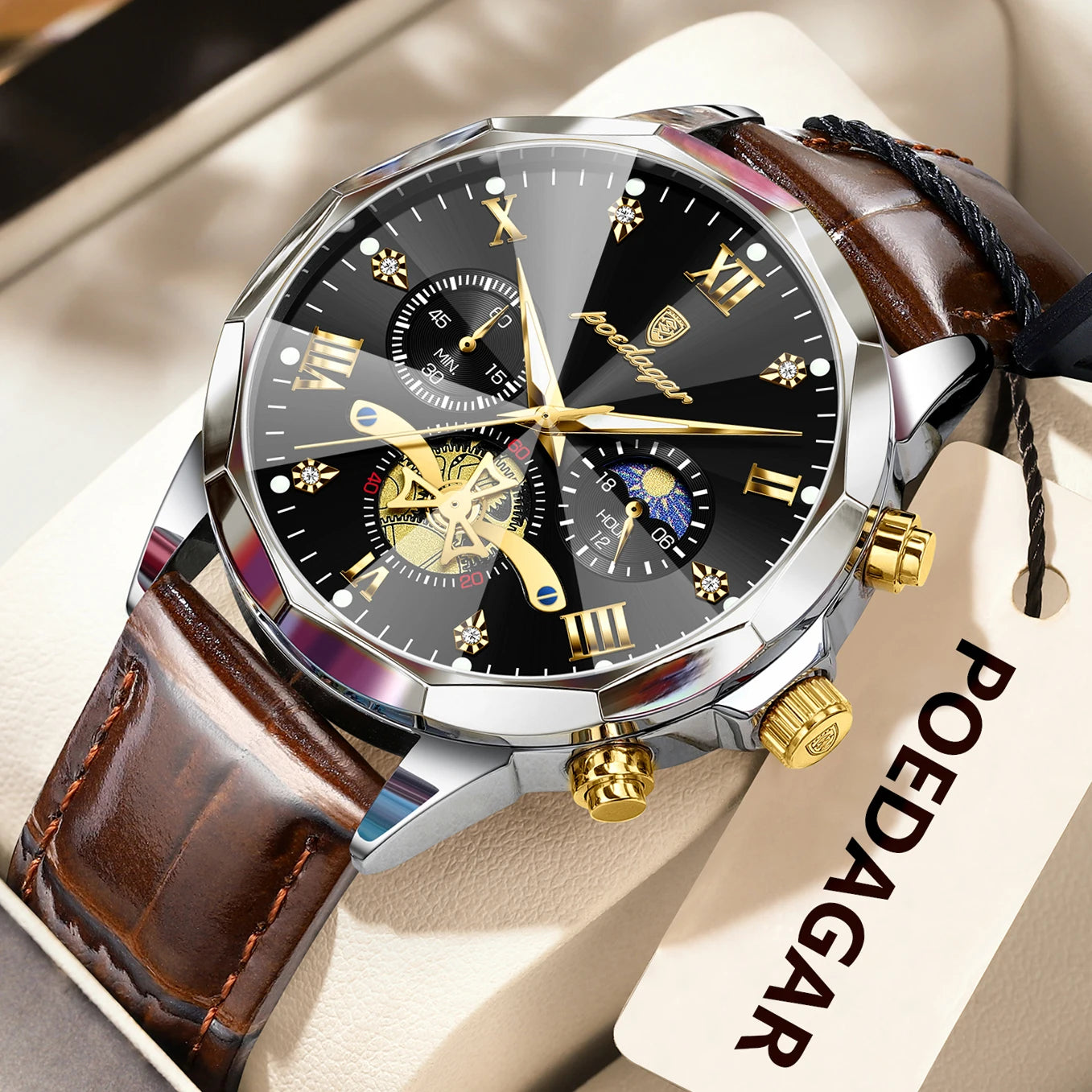 Men’s Leather Chronograph Watch Quartz Waterproof