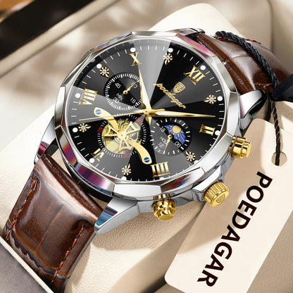 Men’s Leather Chronograph Watch Quartz Waterproof