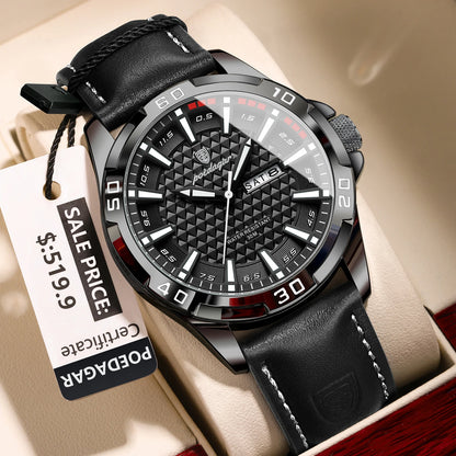 Men’s Leather Quartz Watch With Date & Week Display