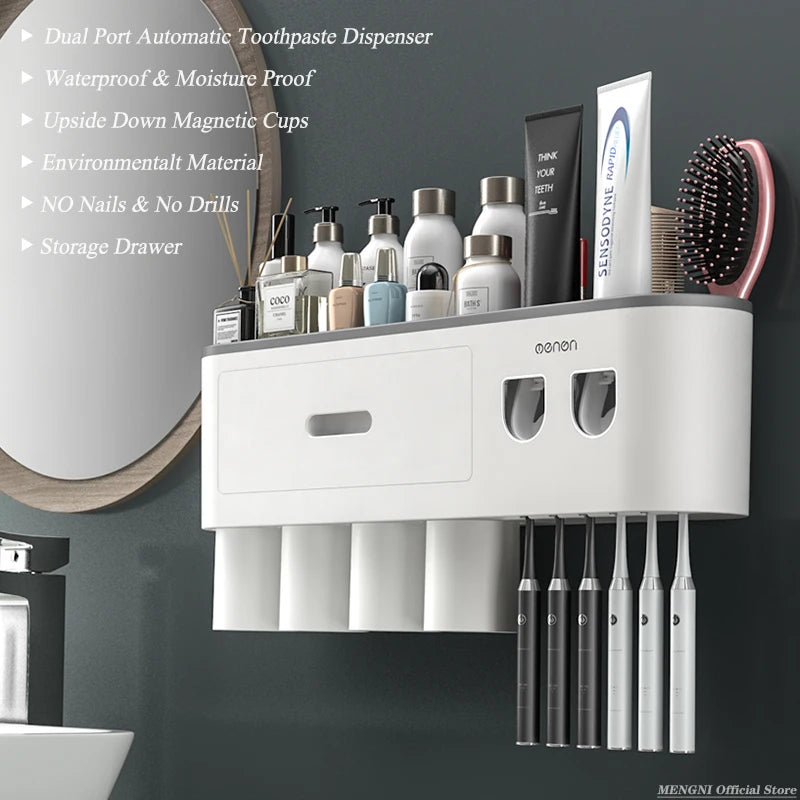 Magnetic Wall Toothbrush Holder With Toothpaste Dispenser