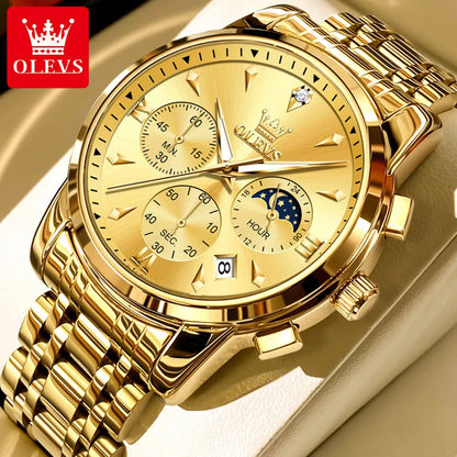 Men’s Stainless Steel Quartz Watch With Moon Phase