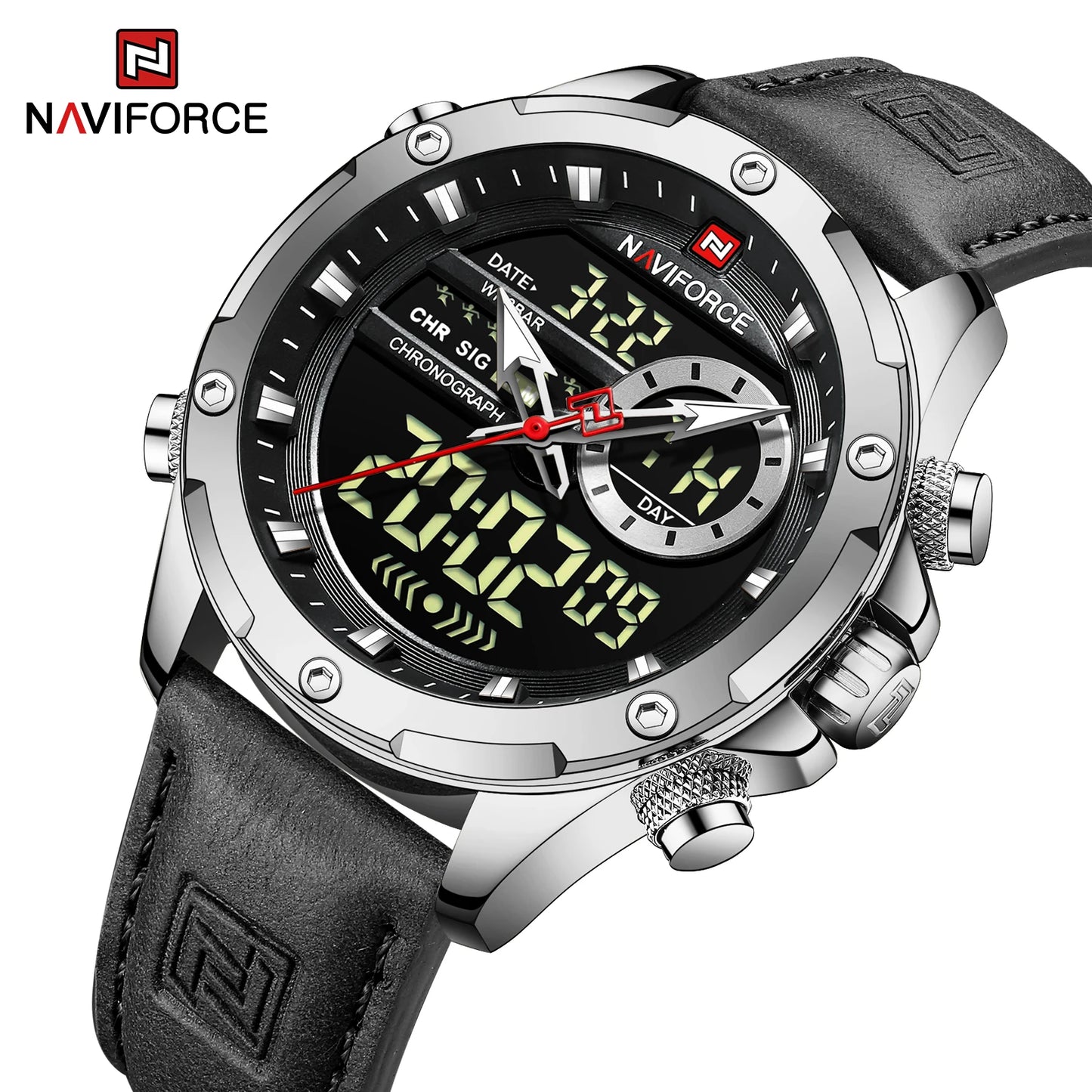 Men’s Analog Digital Chronograph Watch Leather Strap