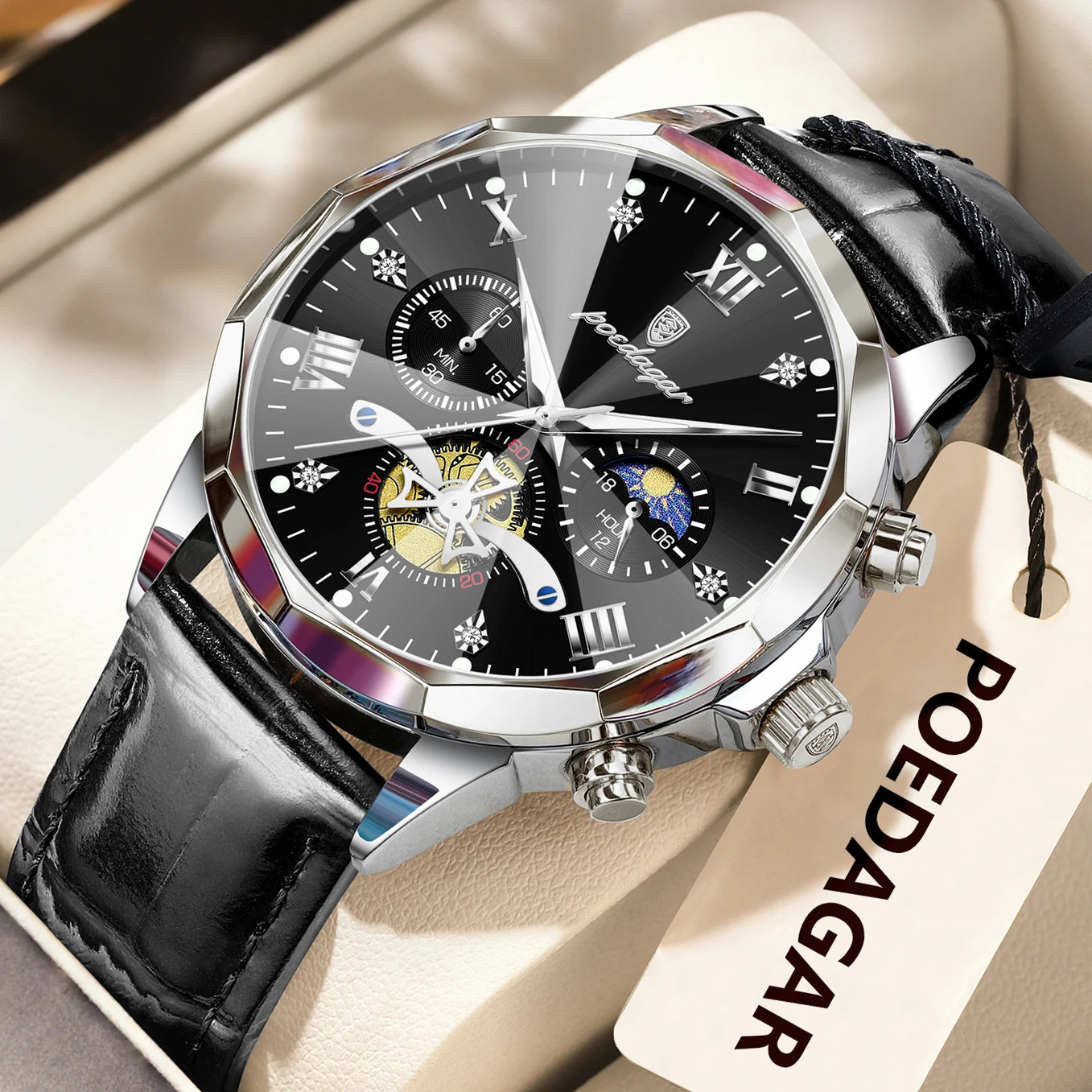 Men’s Leather Chronograph Watch Quartz Waterproof