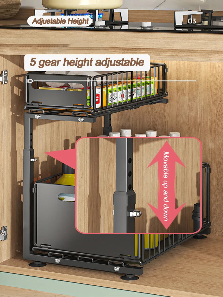 Pull-Out Under Sink Organizer 2-Tier Adjustable Shelf
