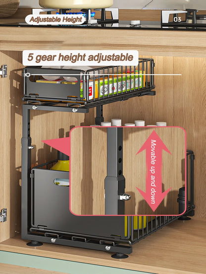 Pull-Out Under Sink Organizer 2-Tier Adjustable Shelf