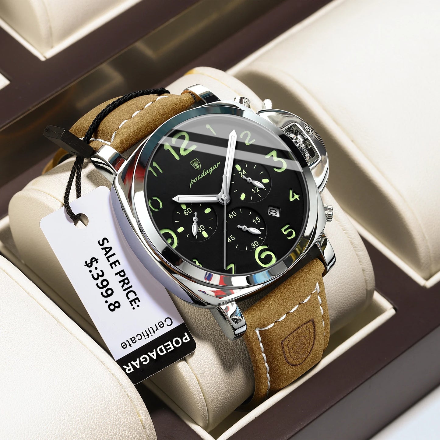 Men’s Chronograph Quartz Watch Leather Strap, 3ATM