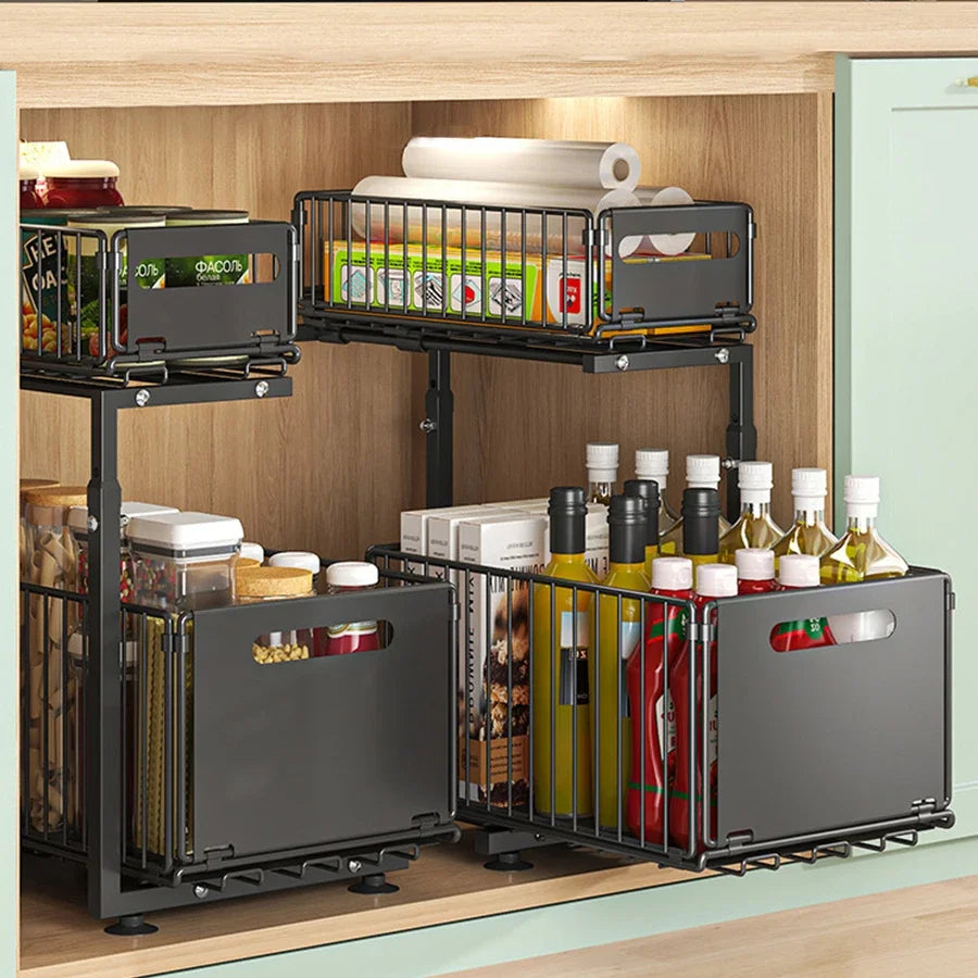 Pull-Out Under Sink Organizer 2-Tier Adjustable Shelf