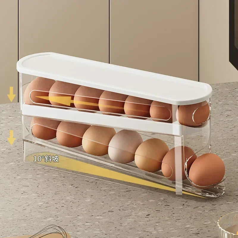 Rolling Fridge Egg Dispenser Rack Bilayer Storage Box