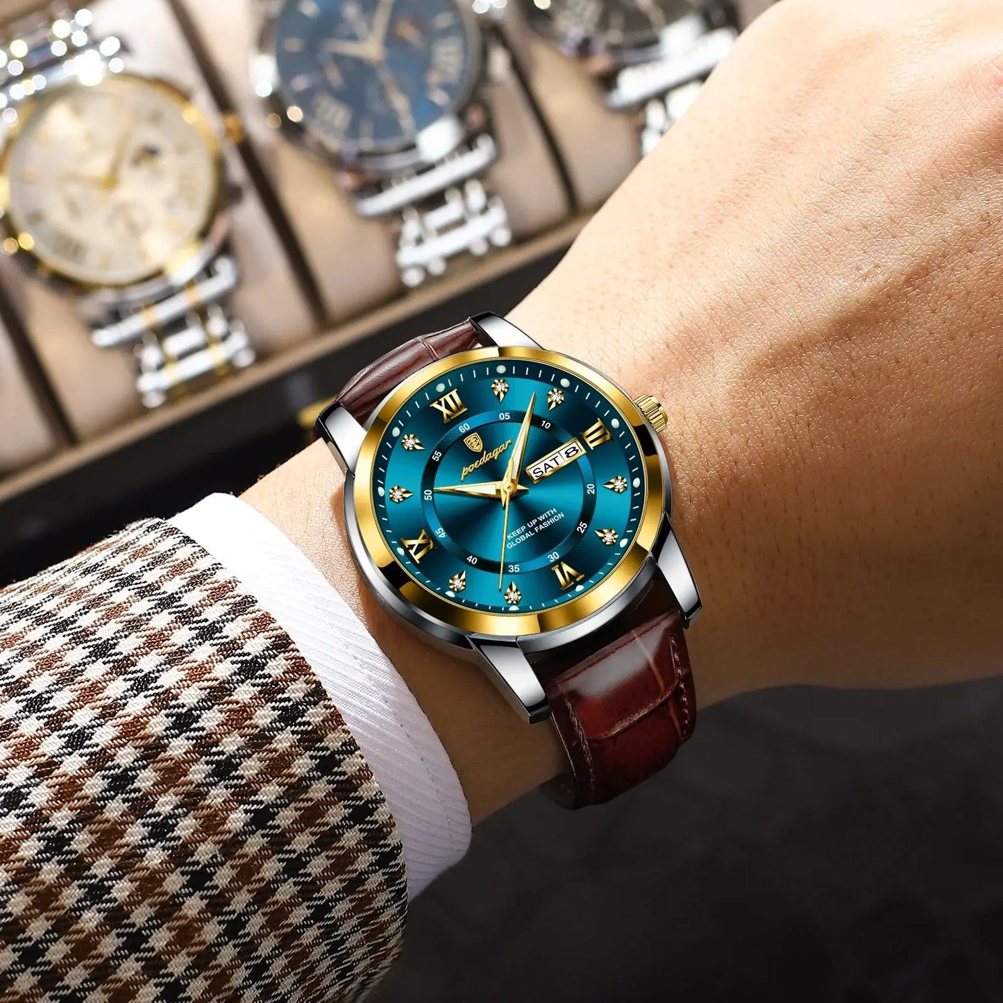 Men’s Leather Quartz Watch With Date & Week Display