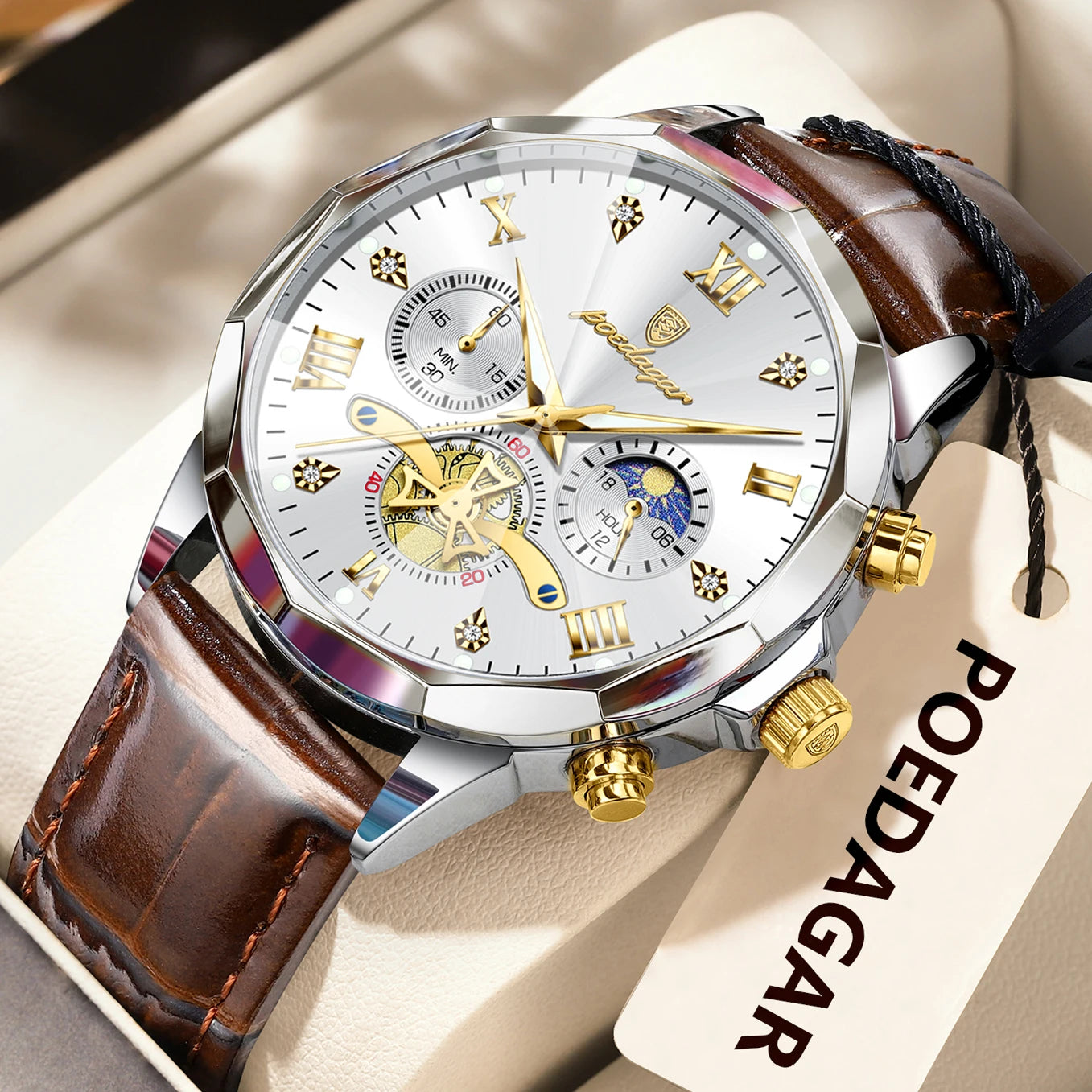Men’s Leather Chronograph Watch Quartz Waterproof