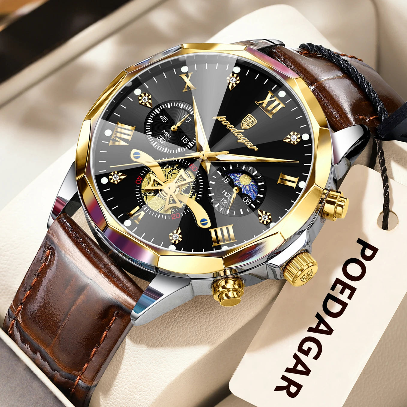 Men’s Leather Chronograph Watch Quartz Waterproof
