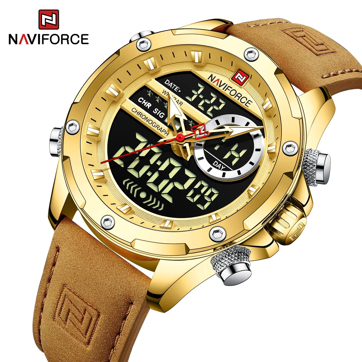 Men’s Analog Digital Chronograph Watch Leather Strap