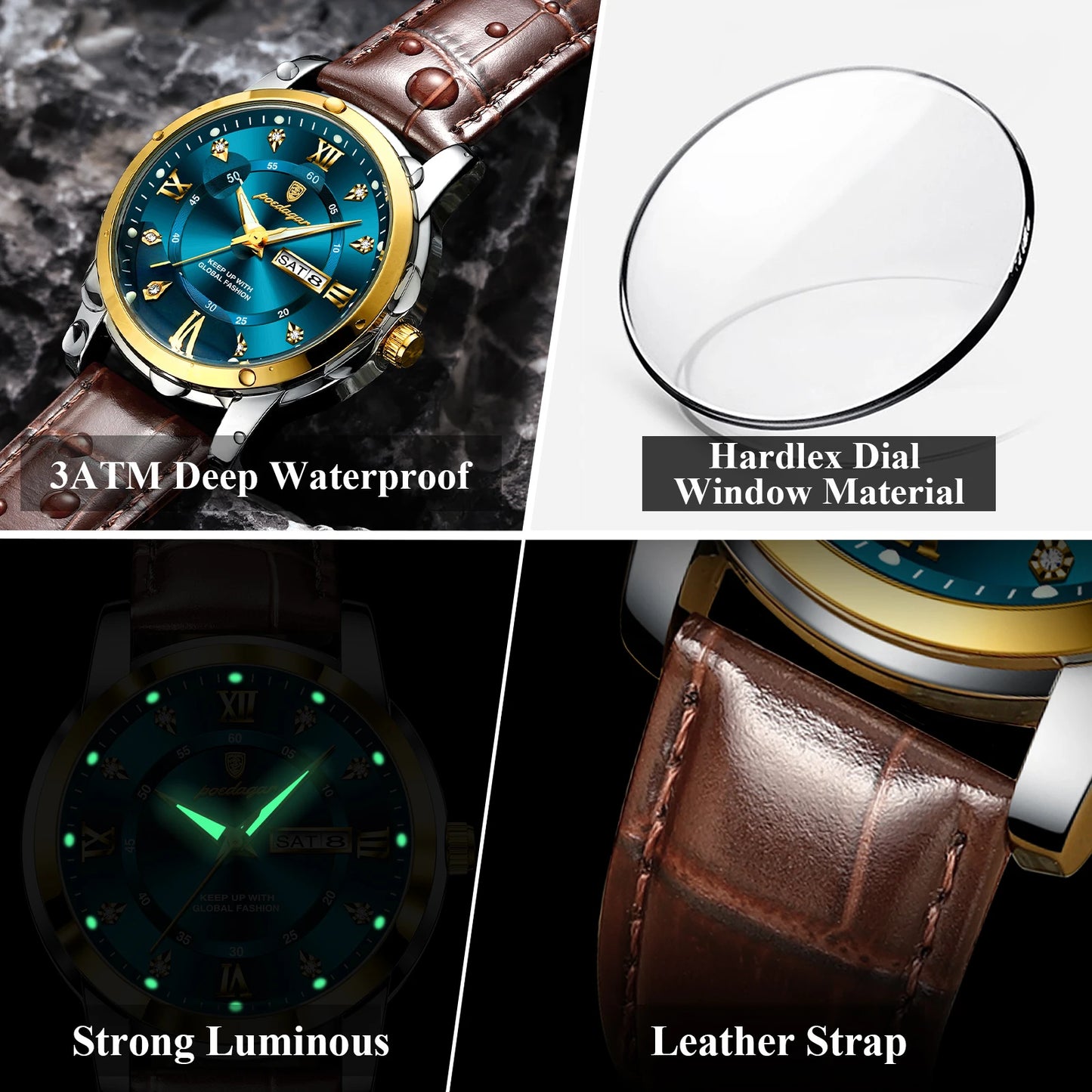 Men’s Leather Quartz Watch With Date & Week Display