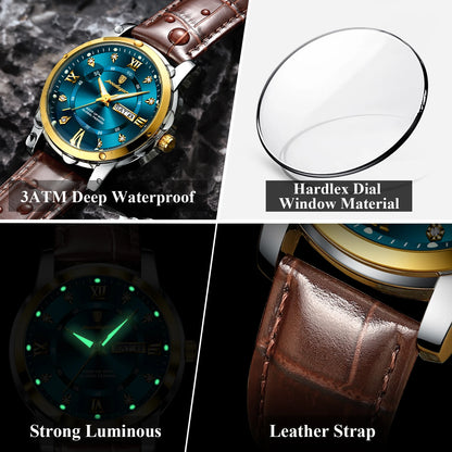 Men’s Leather Quartz Watch With Date & Week Display