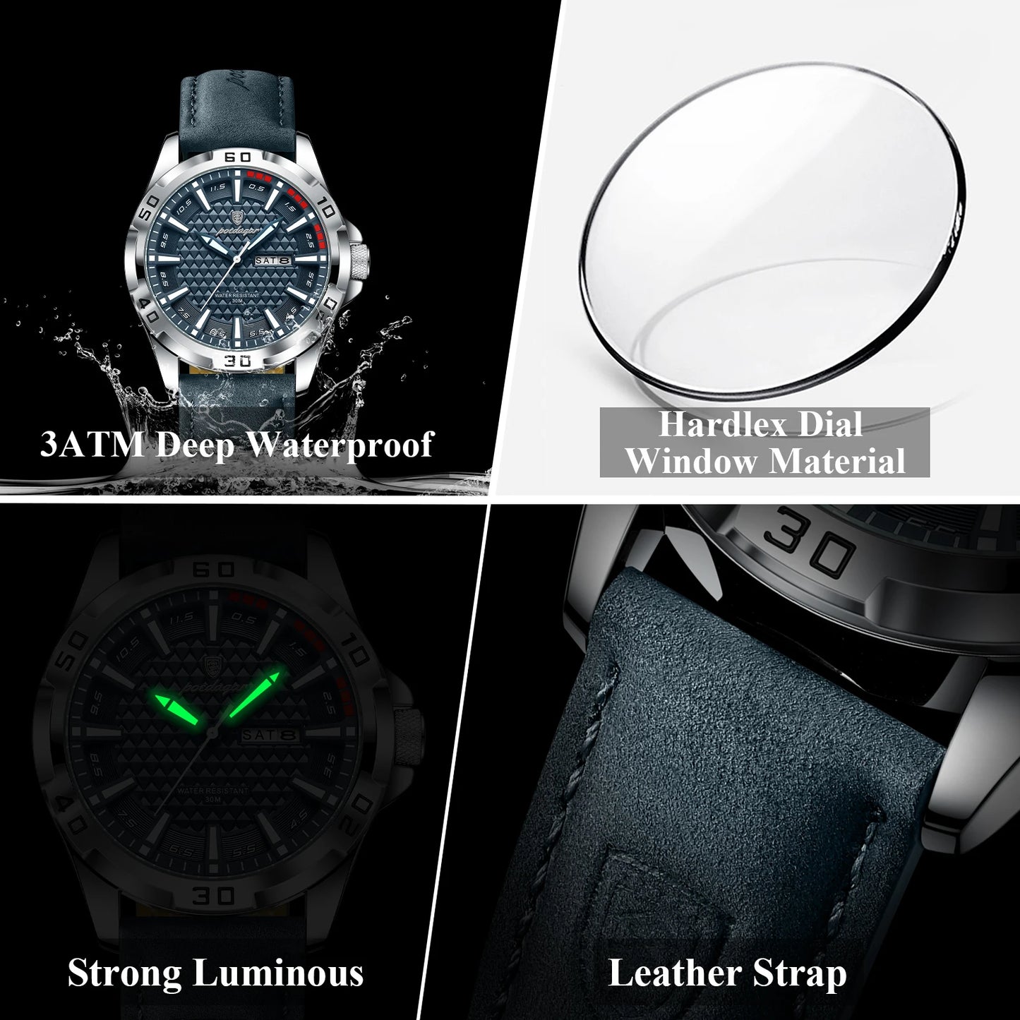 Men’s Leather Quartz Watch With Date & Week Display