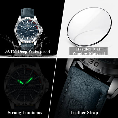Men’s Leather Quartz Watch With Date & Week Display