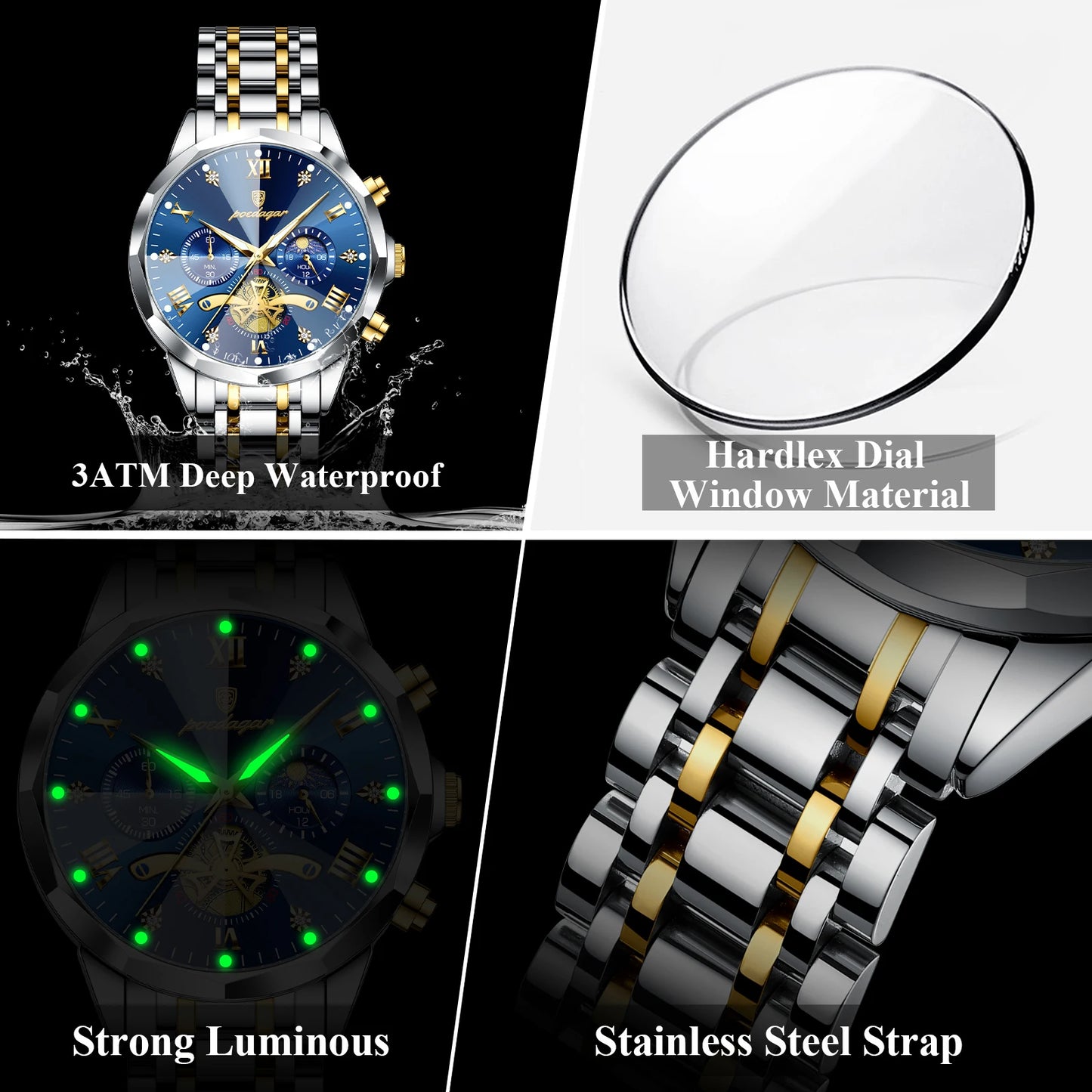 Men's Stainless Steel Chronograph Watch With Luminous Dial