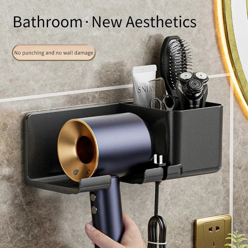 Wall-Mounted Hair Dryer Stand With Plug Organizer