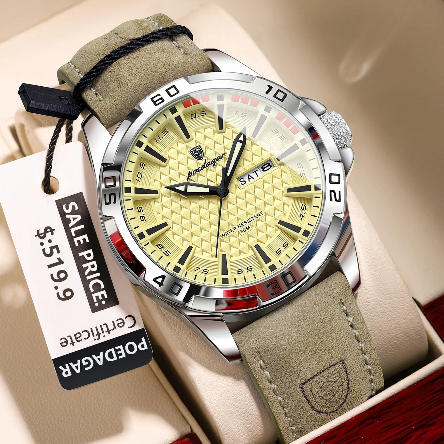 Men’s Leather Quartz Watch With Date & Week Display