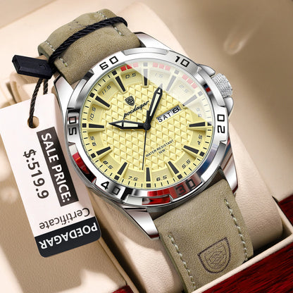Men’s Leather Quartz Watch With Date & Week Display