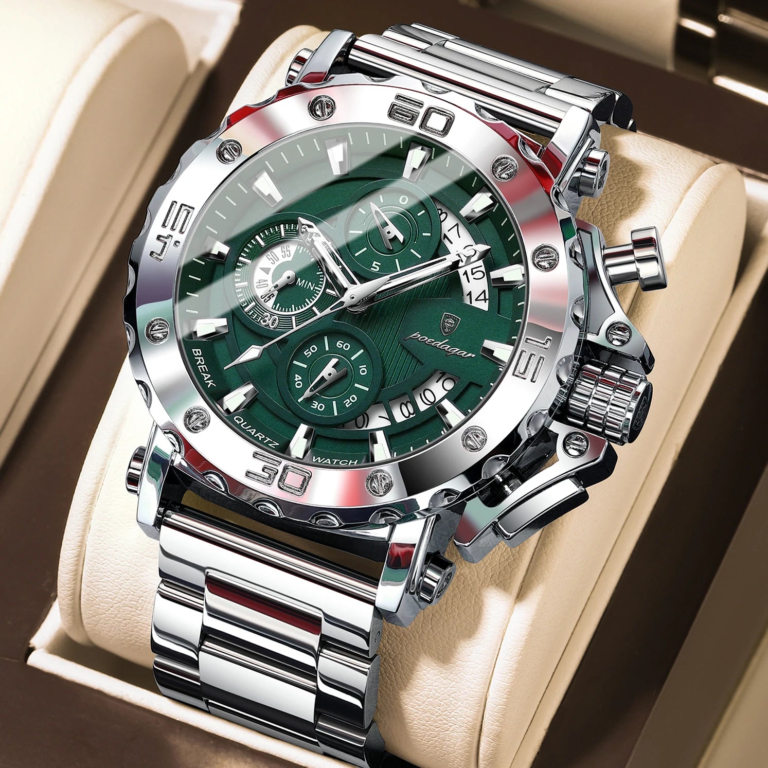 Men's Stainless Steel Chronograph Watch – Luminous & 3ATM