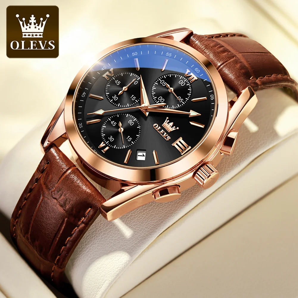 Men's Leather Chronograph Watch Luminous & Waterproof