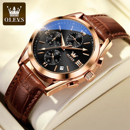 Men's Leather Chronograph Watch Luminous & Waterproof