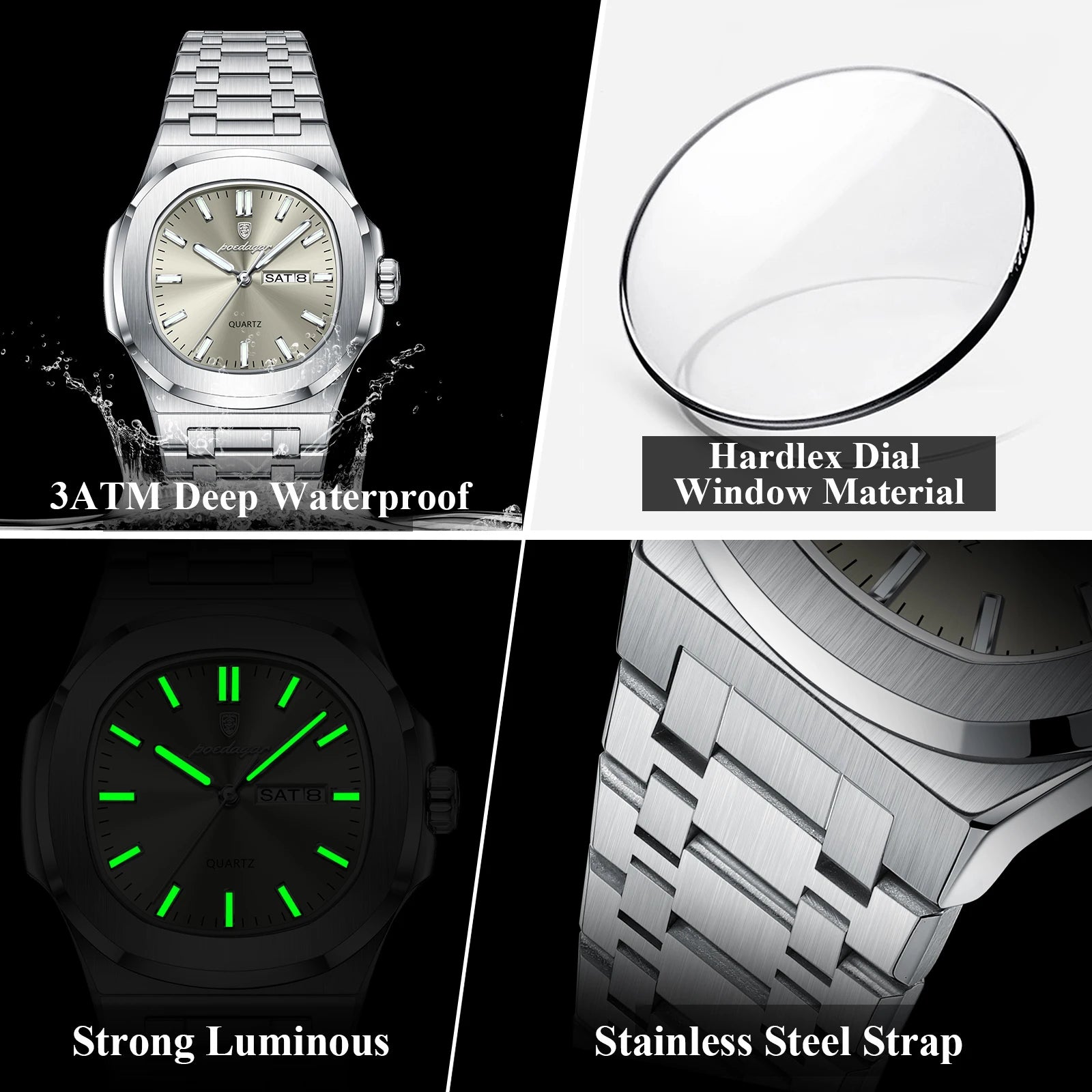 Men's Square Stainless Steel Watch – Luminous, Waterproof