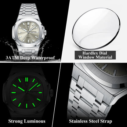 Men's Square Stainless Steel Watch – Luminous, Waterproof