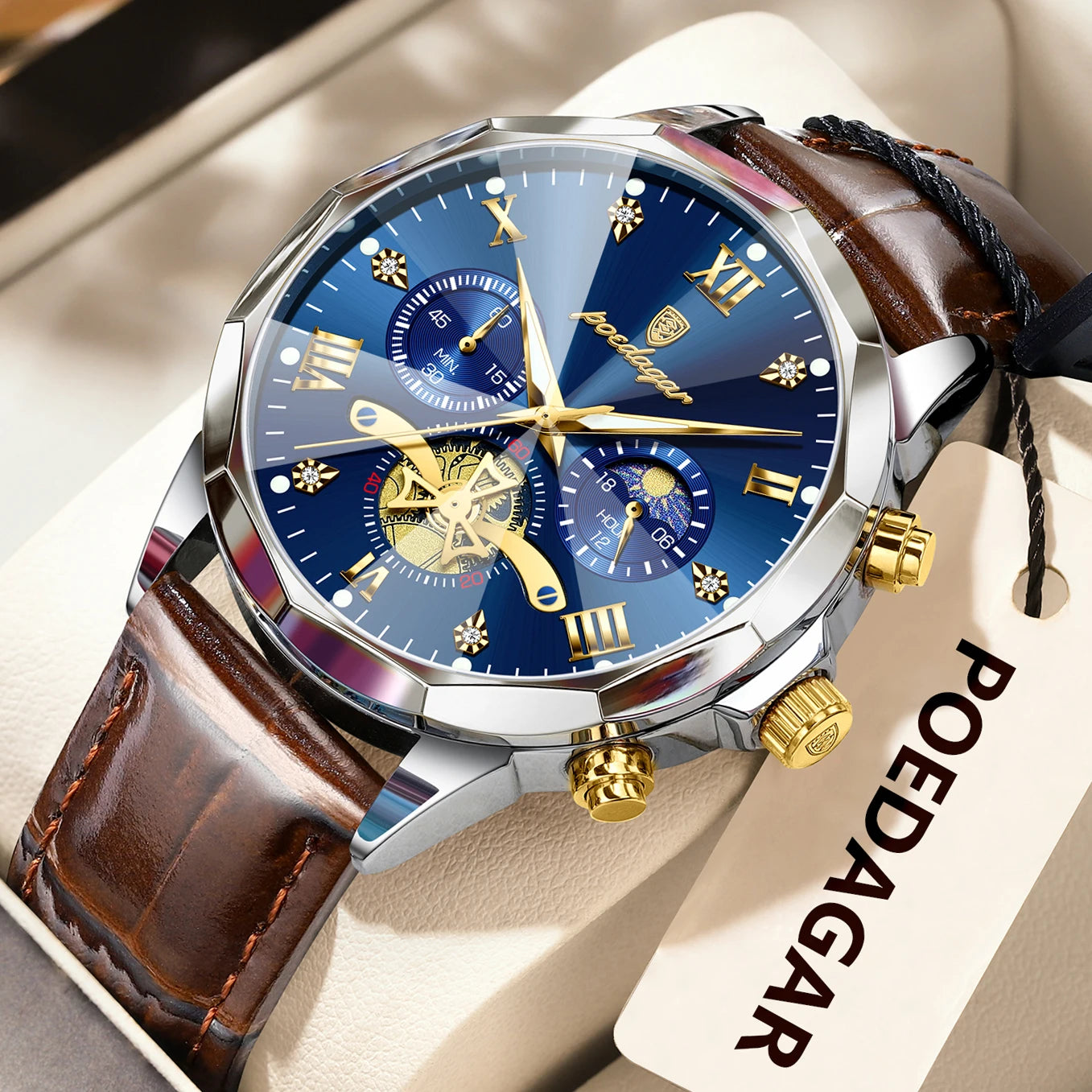 Men’s Leather Chronograph Watch Quartz Waterproof