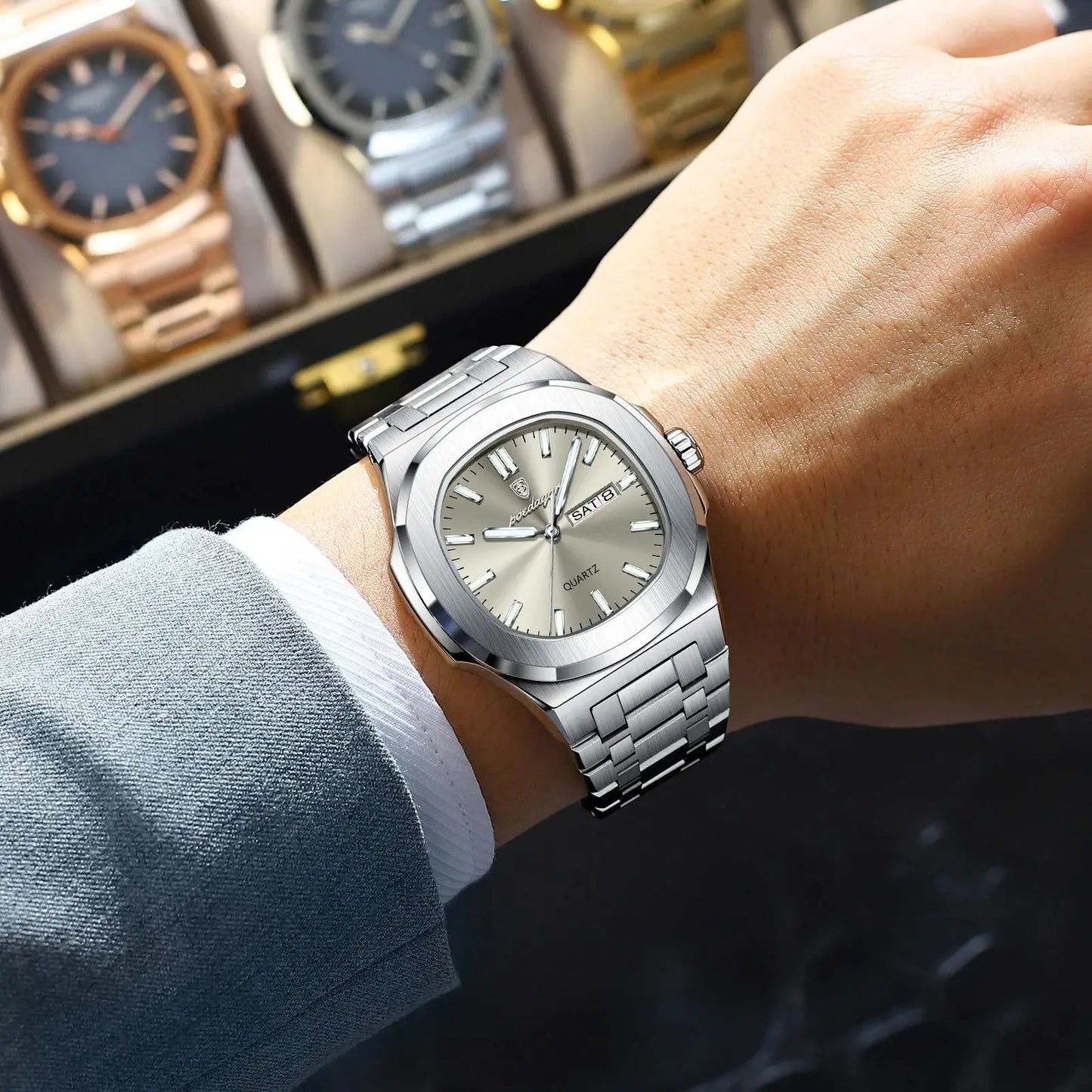 Men's Square Stainless Steel Watch – Luminous, Waterproof