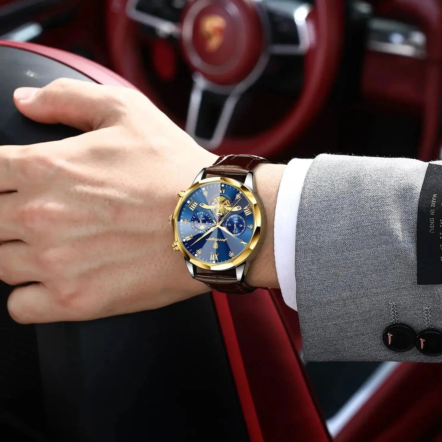 Men’s Leather Chronograph Watch Quartz Waterproof