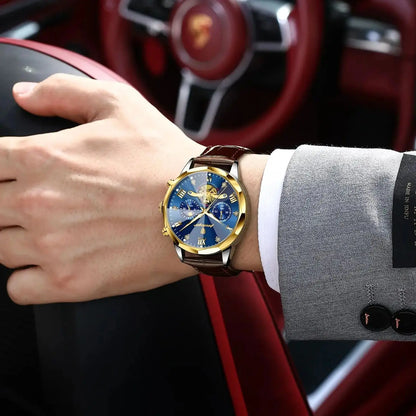Men’s Leather Chronograph Watch Quartz Waterproof