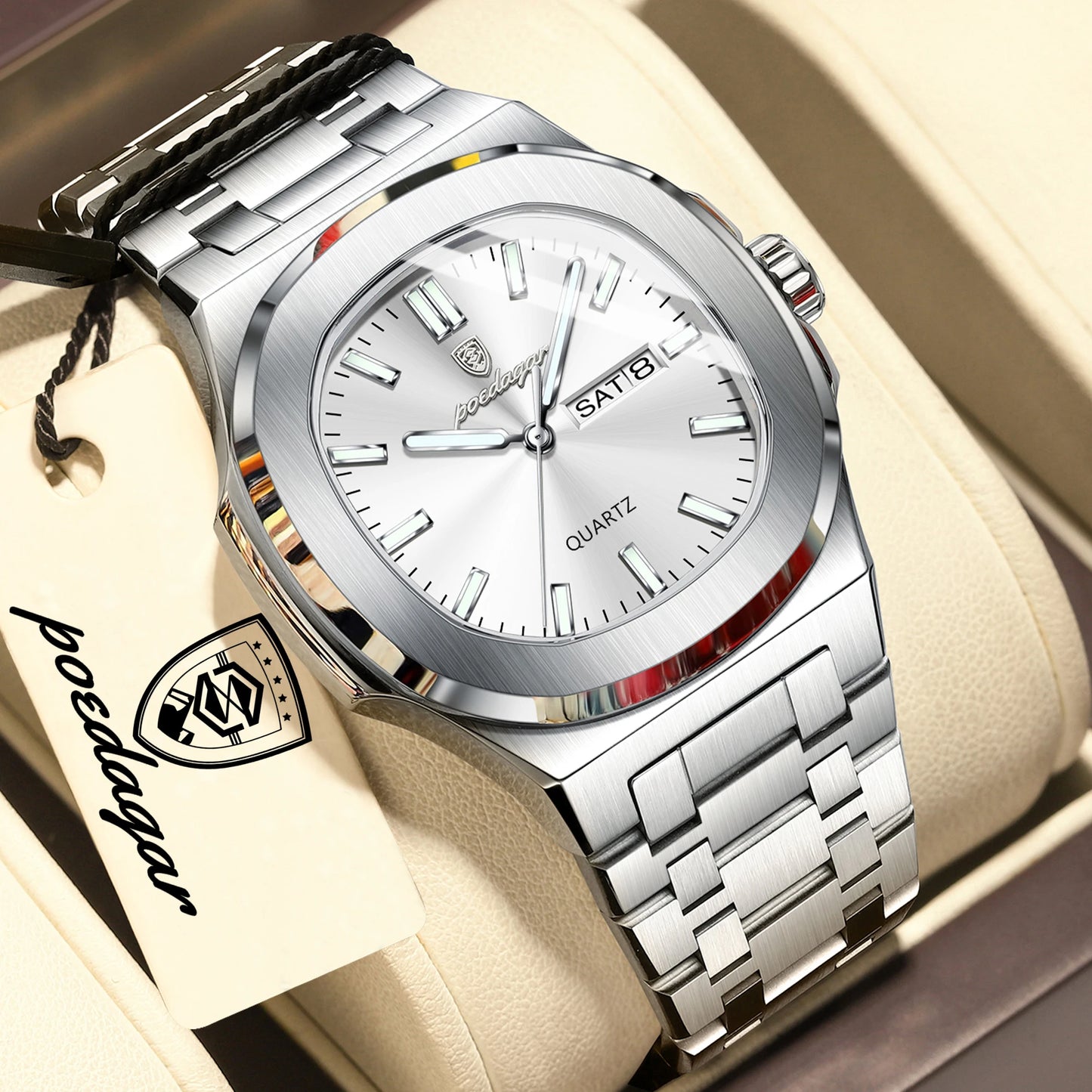 Square Stainless Steel Men’s Watch – Luminous & Date