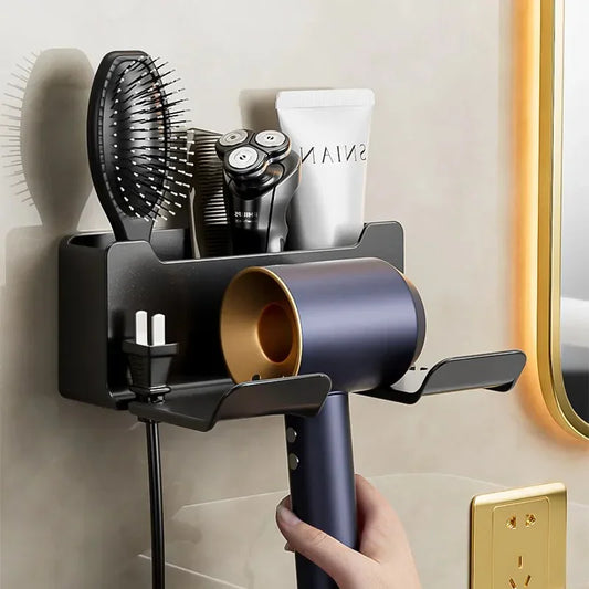 Wall-Mounted Hair Dryer Stand With Plug Organizer