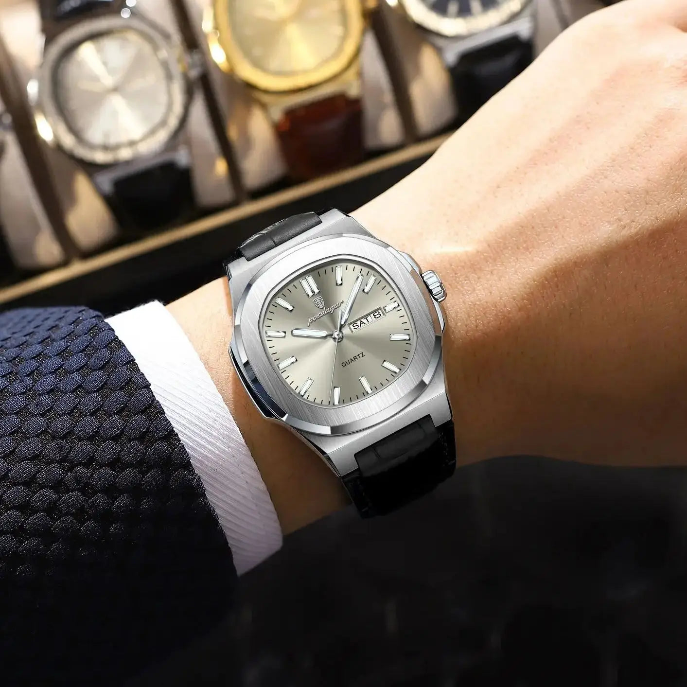 Men’s Square Quartz Watch With Leather Strap